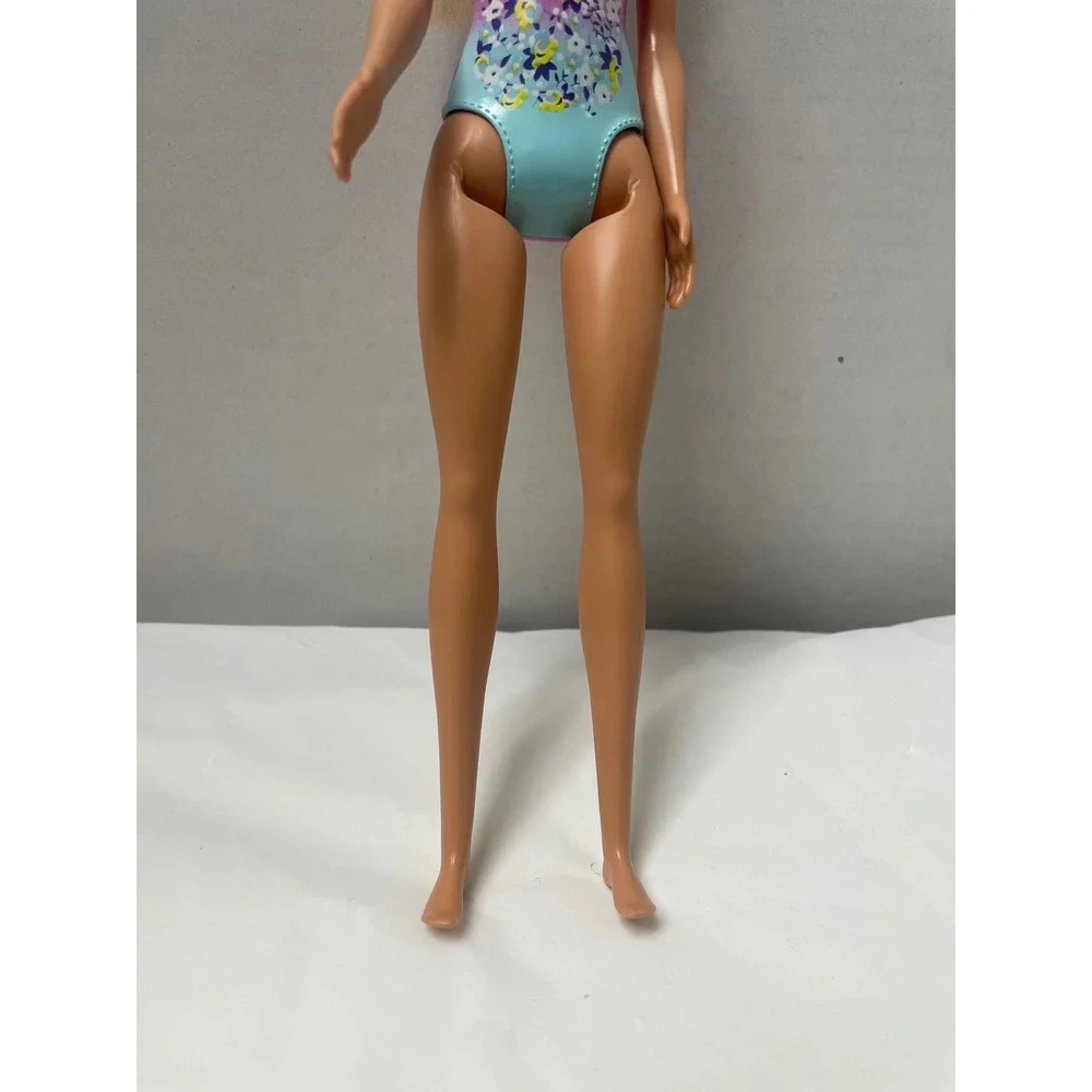 Mattel Barbie Doll 2019 Molded Pink Floral Swimsuit Blonde Hair Blue Eyes 11.5in